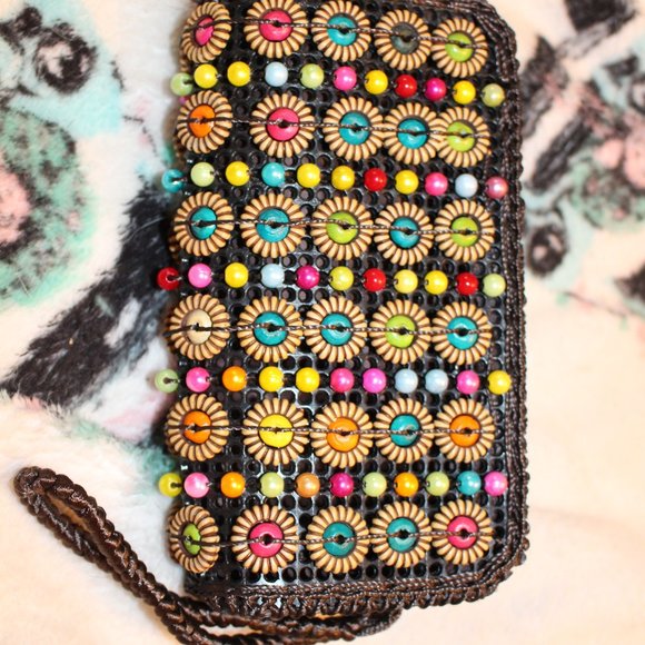 Beaded Wrislet Double Zippered Top Multi Colored Beads and/or Buttons Lined Boho - Picture 2 of 5